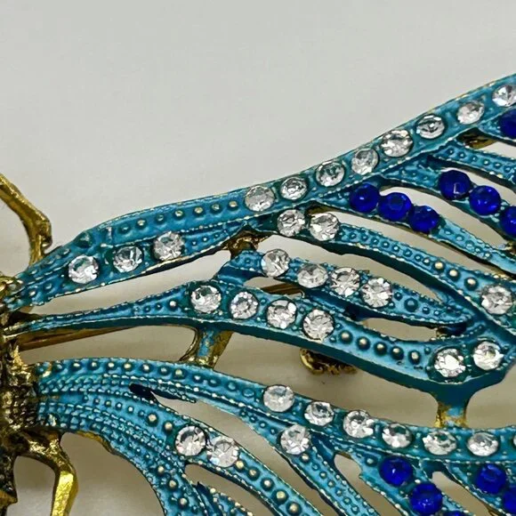 Dragonfly Brooch Articulated Tail Blue Teal Rhinestones Statement 5 inch wide - Picture 15 of 16